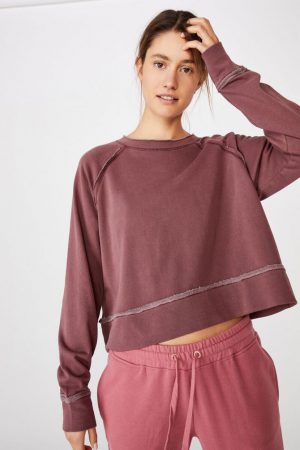 Cotton On Hoodies & Sweatshirts | Womens Aria Raw Edge Raglan Crew Dusty Plum Garment Pigment Dye