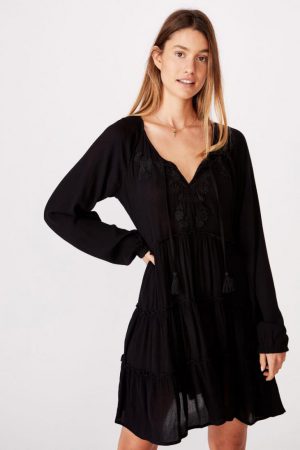Cotton On Mini | Womens Woven Millicent Long Sleeve Smock Dress Black